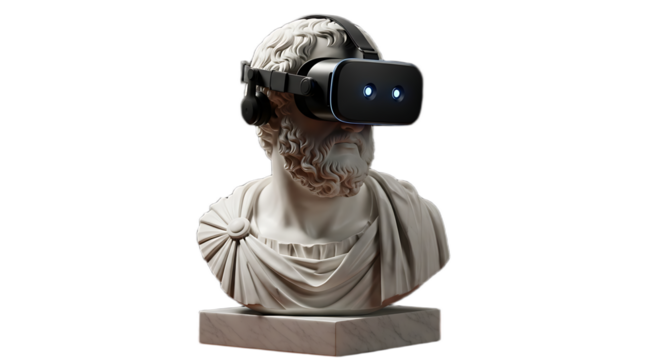 Marble bust wearing a vr headset on a black background in a studio with a modern technology theme - Powered by Adobe