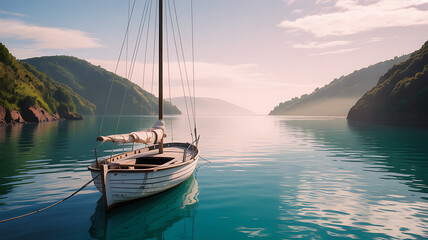 A serene sailboat floats on crystal blue water as mountains meet the sky