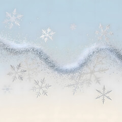 Delicate snowflakes drift down onto a soft, snow-covered landscape under a pale blue winter sky. A gentle wave of snow crests the scene.