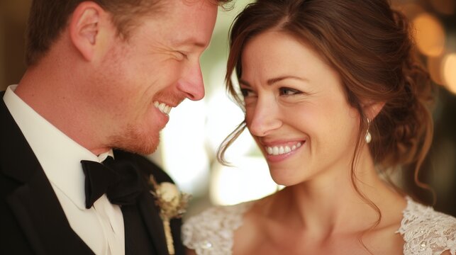 The stylish groom stands closely alongside his elegant bride as they enjoy a romantic moment together. Their shared love and happiness is evident in this memorable wedding scene.