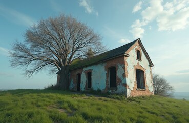 Old abandoned house with bare tree. Ruined brick building with peeling paint and broken windows on green grass hill. Large tree grows beside house. Blue sky with clouds.