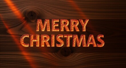 Glowing merry christmas message on a rustic wooden background creating a warm holiday atmosphere perfect for festive greetings and seasonal celebrations