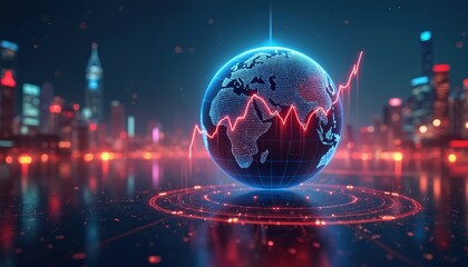 Digital globe displays red market graph, city lights. Represents global connectivity, financial dynamics, tech progress. Communication, innovation, investment, trading, economy, virtual world,