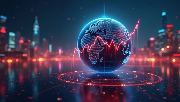 Digital globe displays red market graph, city lights. Represents global connectivity, financial dynamics, tech progress. Communication, innovation, investment, trading, economy, virtual world,