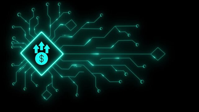 Abstract concept of digital finance growth and cryptocurrency investment represented by a glowing red circuit board pattern with a central icon showing an upward trending dollar sign and paw print aga