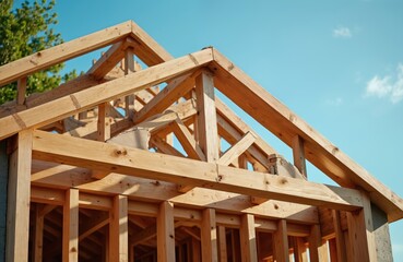 Construction site reveals timber roof structure of new building under blue sky. Wooden rafters form framework of modern home. Industrial scaffolding supports ongoing construction work in Scotland.