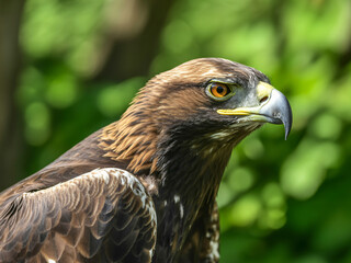 Obraz premium Majestic golden eagle with piercing gaze surveys its domain, embodying power and freedom in a vibrant natural setting