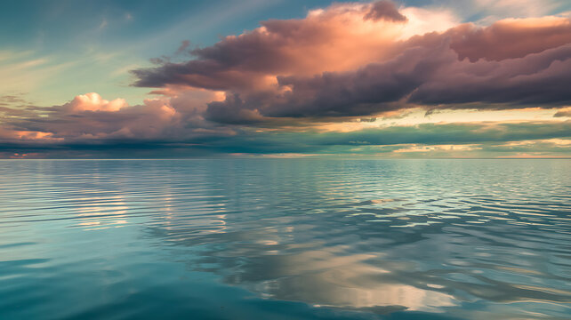 Calm ocean surface shows the reflection of colorful sunset clouds above the horizon