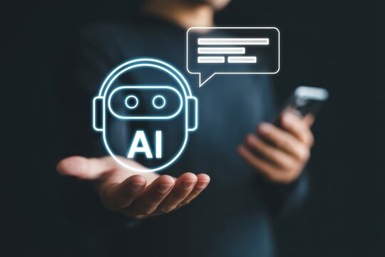 Ai chatbot on hand holding phone artificial intelligence ai technology digital assistant future tech - Powered by Adobe