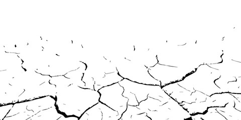 Black and white cracked dry earth texture, drought soil surface pattern, parched land broken ground detail, environmental disaster concept, climate change abstract cracked illustration for design use.