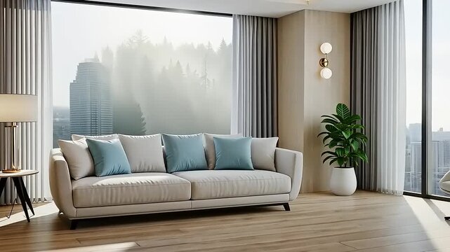 Sunlit Contemporary Living Room with Panoramic City View.