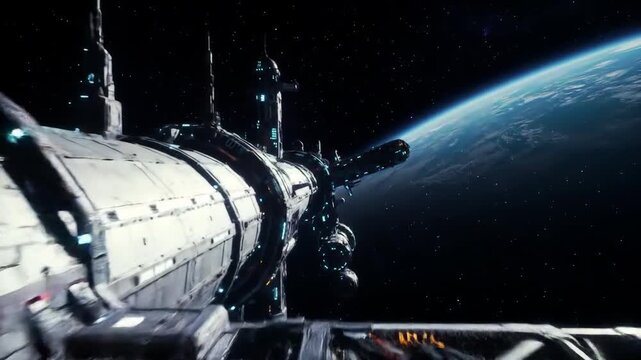 Futuristic Space Station Orbiting Planet Earth with Advanced Technology and Cosmic Views