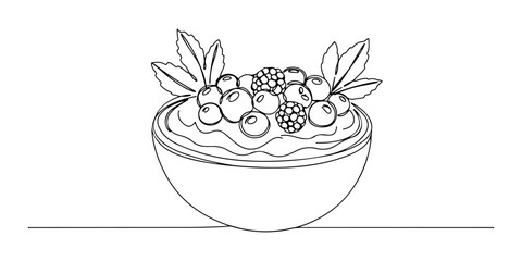 Continuous one line of a bowl of fruit tart with berries and leaves, symbolizing natural sweetness, hand drawn vector illustration.