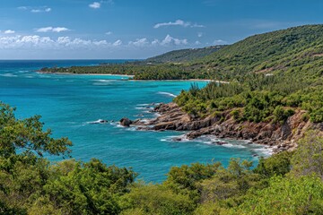 Obraz premium Coastal panorama showcases turquoise water, rocky shores, and lush green hillside under blue sky