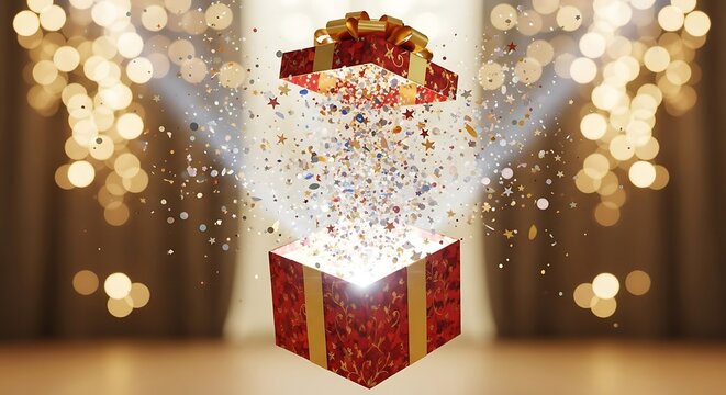 Festive red gift box with golden ribbon and bow releasing confetti and light against a bokeh background creating a magical and celebratory atmosphere
