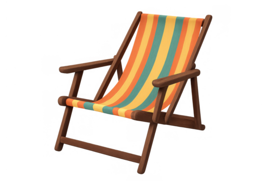 Deck chair providing summer relaxation and vacation comfort with colorful striped fabric, isolated on transparent background - Powered by Adobe