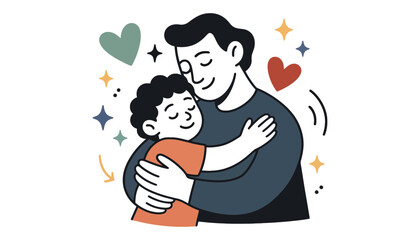 Fototapeta premium Illustration of a father hugging his son with hearts and stars around