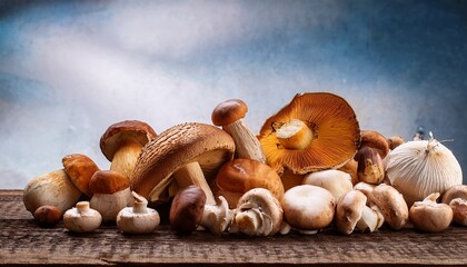 cluster of assorted mushrooms various sizes and colors on rustic wooden surface nature delicious