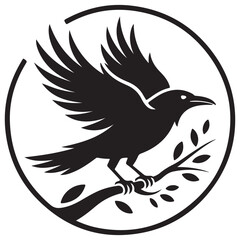 Black Silhouette Raven on Branch within Broken Circular Frame Illustration