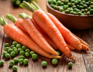 colorful vegetable display featuring carrot shapes and green peas on a rustic wooden table for a fresh and healthy lifestyle