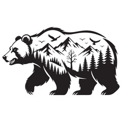 Black Bear Silhouette with Mountains, Trees, and Birds Vector Design
