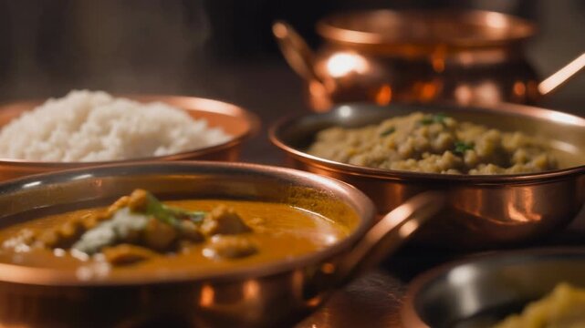 Steaming Indian curry dishes served in copper bowls with rice and dal on a wooden table indian food
