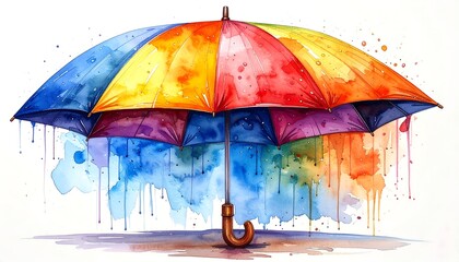 Colorful, watercolor-style umbrella, top-down view, open and vibrant, dripping paint, rainbow shades