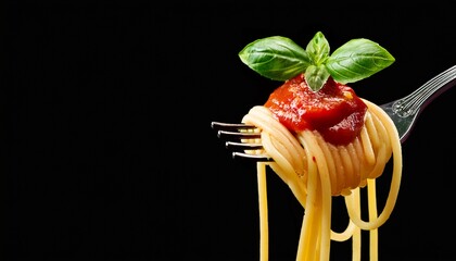 extreme close up of italian spaghetti pasta with tomato sauce and a green basil leaf on a metal fork isolated on a black background copy space blank wide banner