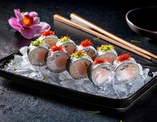 exquisite sushi rolls on ice with floral garnishes and chopsticks fine dining japanese cuisine presentation