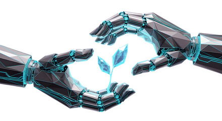 Futuristic Robotic Hands Holding Digital Plant – AI Technology Sustainability Concept with Cyber 3D Design PNG