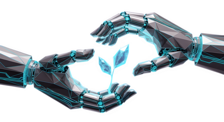 Futuristic Robotic Hands Holding Digital Plant – AI Technology Sustainability Concept with Cyber 3D Design PNG