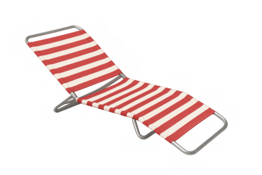 Red and white striped beach chair offering relaxation and comfort for summer leisure time on transparent background