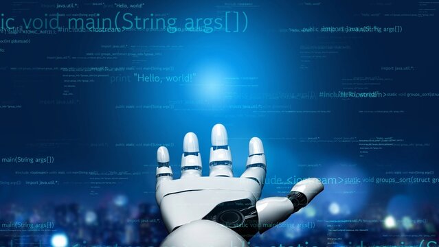 A futuristic robotic hand reaches out against a backdrop of floating programming code, symbolizing the integration of technology and innovation in our lives. Xenic
