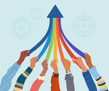 Diverse hands unite colorful paths into a single upward arrow to represent shared business growth 