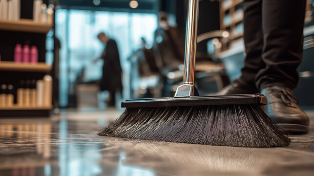Hairdresser sweeping floor after haircut, cleanliness and professionalism concept
