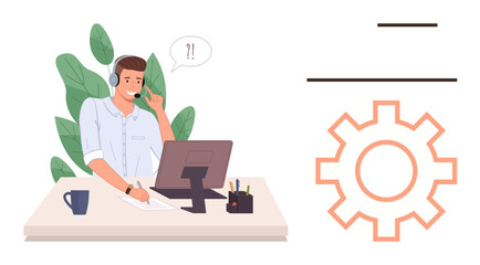Customer service agent on a headset using a computer, surrounded by plants and office items. Ideal for communication, teamwork, problem-solving, support, technology, work environment service. Simple