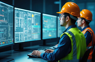 Engineers monitor complex industrial data displays on multiple computer screens. Wear hard hats, safety vests, working in control room. Operators use keyboards to manage factory processes, machinery.