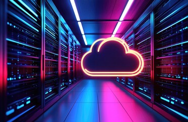 Cloud data corridor with glowing neon cloud icon floating between vibrant server racks in a modern data center, ideal for IT presentations and digital technology concepts