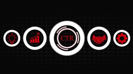 Neon Circle with CTR Icons and Text on Dark black grid Background click through rate digital marketing