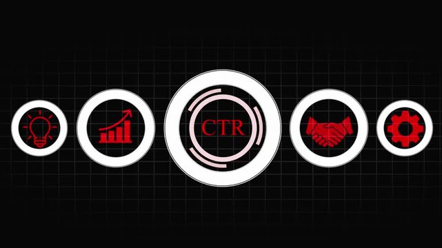 Neon Circle with CTR Icons and Text on Dark black grid  Background click through rate digital marketing