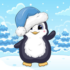Cute cartoon Penguin with hat in winter. Vector Illustration of Animal in nature on a blue background with snow.