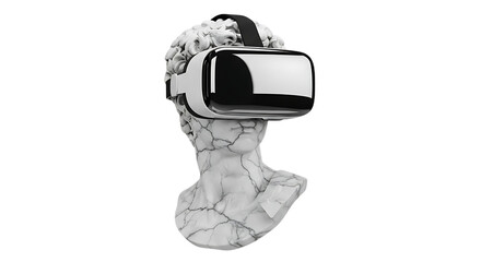 A marble bust wearing a vr headset against a black background in a studio setting and high definition