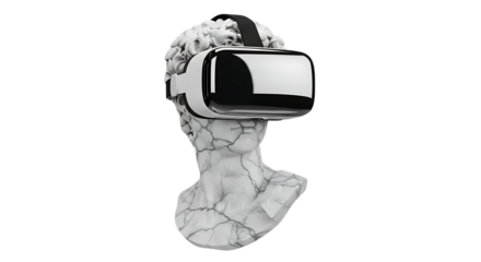A marble bust wearing a vr headset against a black background in a studio setting and high definition