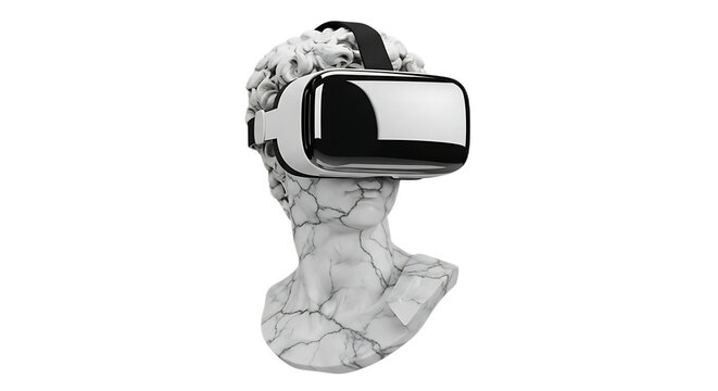A marble bust wearing a vr headset against a black background in a studio setting and high definition