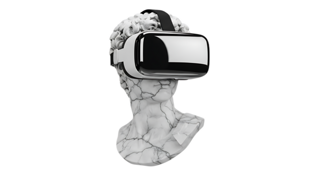 A marble bust wearing a vr headset against a black background in a studio setting and high definition