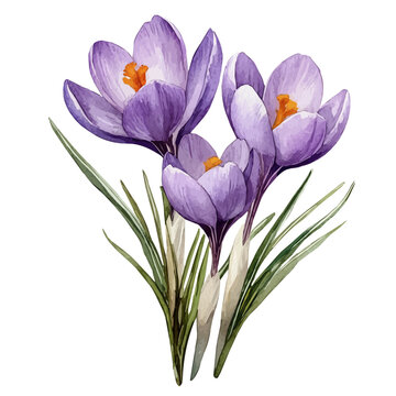 Crocus Flower, watercolor vector, isolated on a white background.