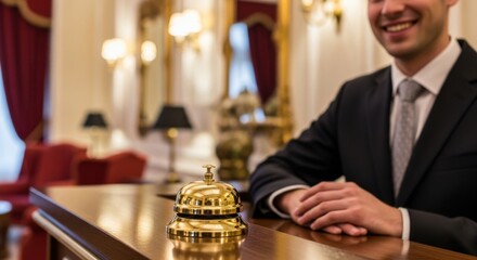 Elegant Man Wearing Suit Smiling at Hotel Reception Desk with Gold Bell in Luxurious Lounge