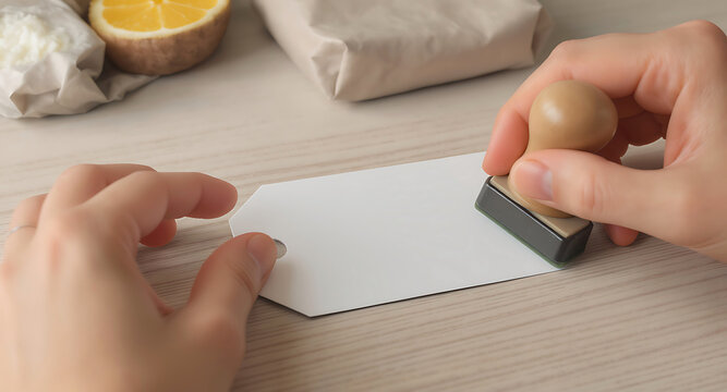 Close-up on hands holding a blank gift tag ready for a custom stamp to be applied, surrounded by natural kraft paper wrapping and a slice of lemon