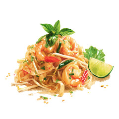 A watercolor painting of Pad Thai, vector illustration on white background.