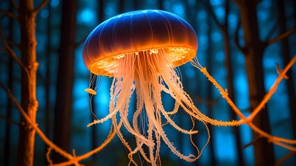 Glowing jellyfish floating in surreal forest with bioluminescent light